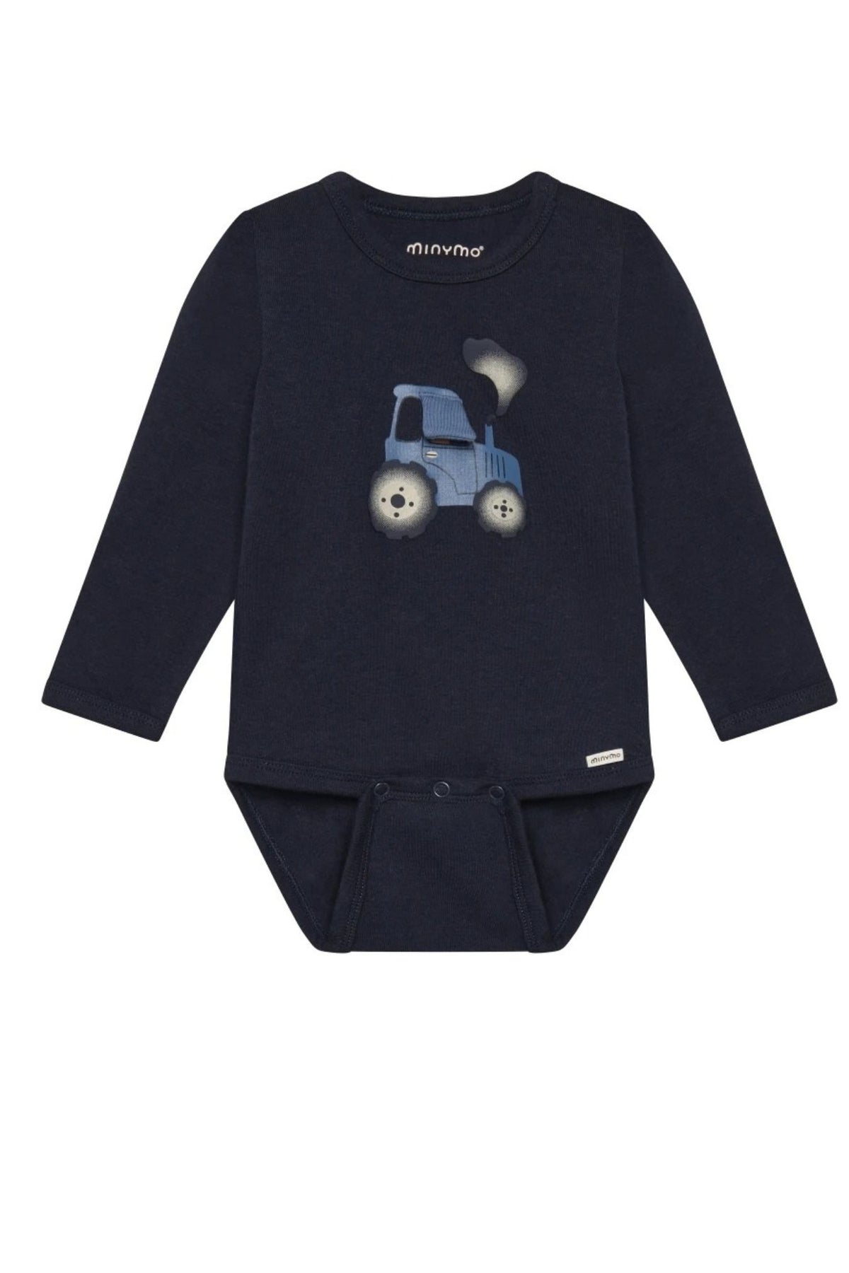 A dark sapphire blue long-sleeve baby bodysuit featuring a graphic of a blue dump truck on the chest, displayed flat against a white background.