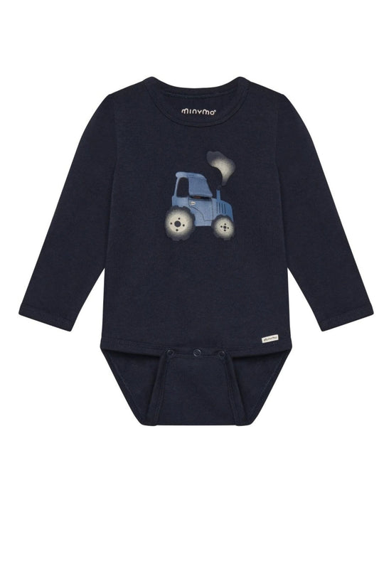 A dark sapphire blue long-sleeve baby bodysuit featuring a graphic of a blue dump truck on the chest, displayed flat against a white background.