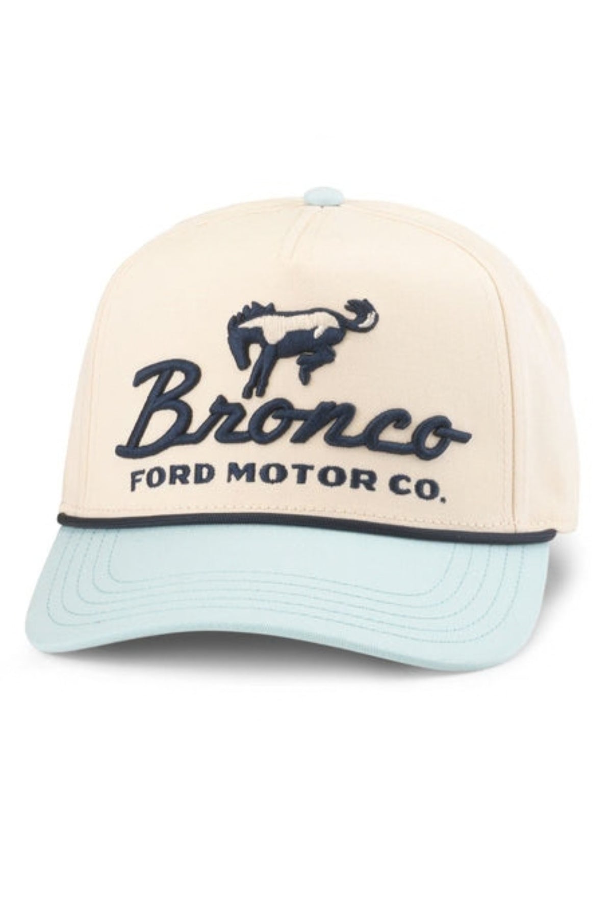 A structured baseball cap featuring a cream-colored crown with dark navy blue embroidered 'Bronco Ford Motor Co.' text and horse logo, paired with a light blue visor.