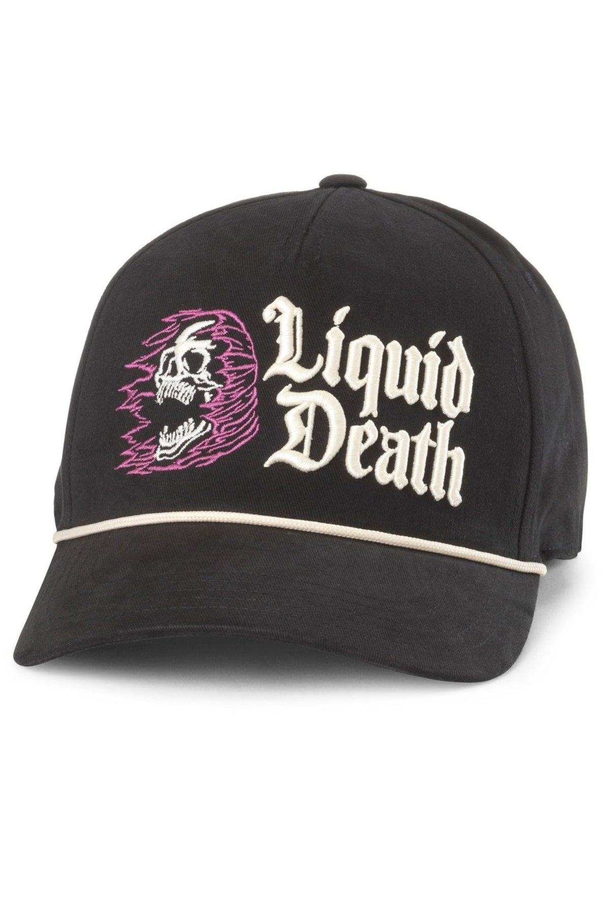 A black baseball cap featuring an embroidered pink and white skull graphic next to the words 'Liquid Death' in a white gothic font, with a thin white stripe across the front panel.