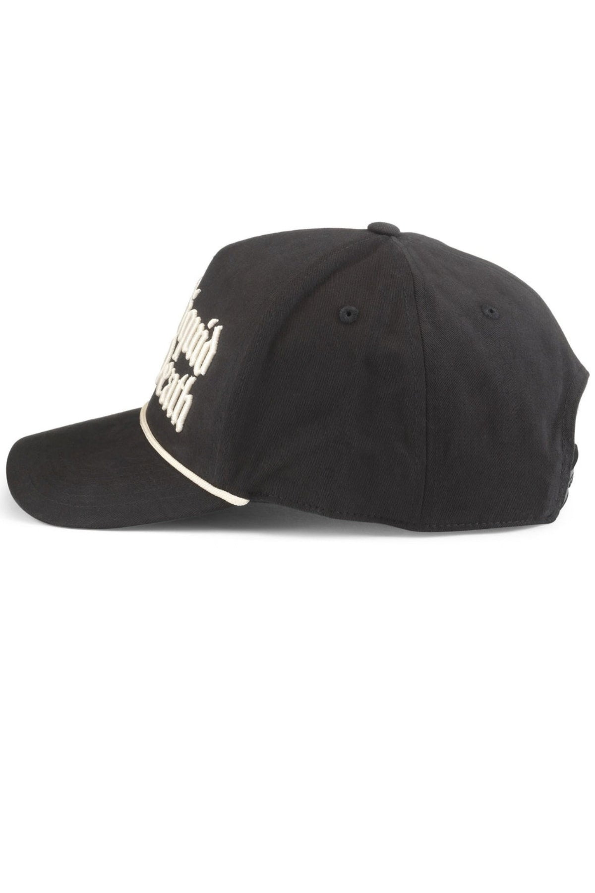 A black baseball cap with white embroidered text on the side and a white piping detail along the edge of the brim, shown against a plain white background.