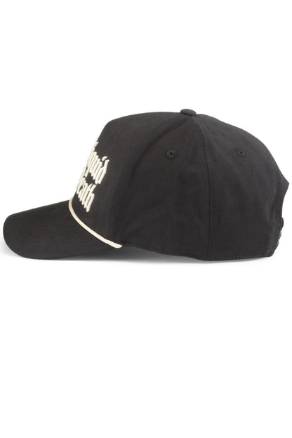 A black baseball cap with white embroidered text on the side and a white piping detail along the edge of the brim, shown against a plain white background.