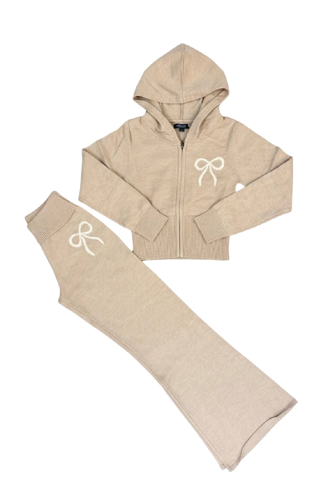 A two-piece children's knit loungewear set in an oatmeal color, featuring a zip-up hooded sweatshirt and matching flared pants, both with a white embroidered bow on the chest and thigh.