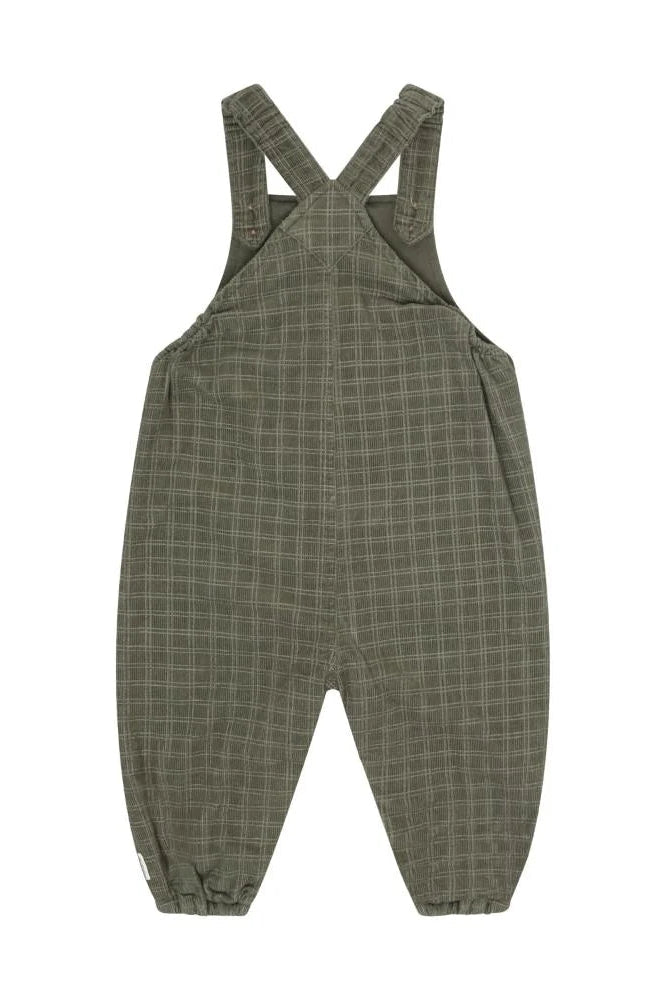 A pair of beetle green children's bib corduroy overalls with a fine plaid pattern, featuring adjustable shoulder straps that cross over at the back, photographed flat on a white background.