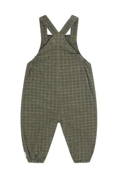 A pair of beetle green children's bib corduroy overalls with a fine plaid pattern, featuring adjustable shoulder straps that cross over at the back, photographed flat on a white background.