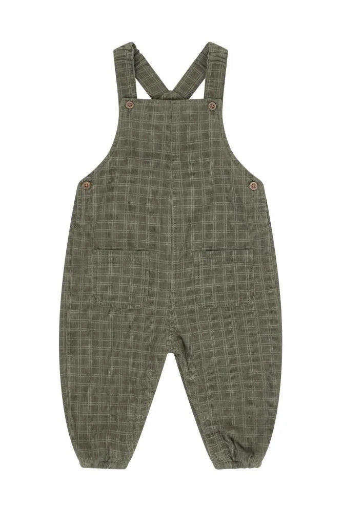 A pair of beetle green plaid corduroy baby overalls with adjustable shoulder straps, button details, and front patch pockets, shown flat on a white background.