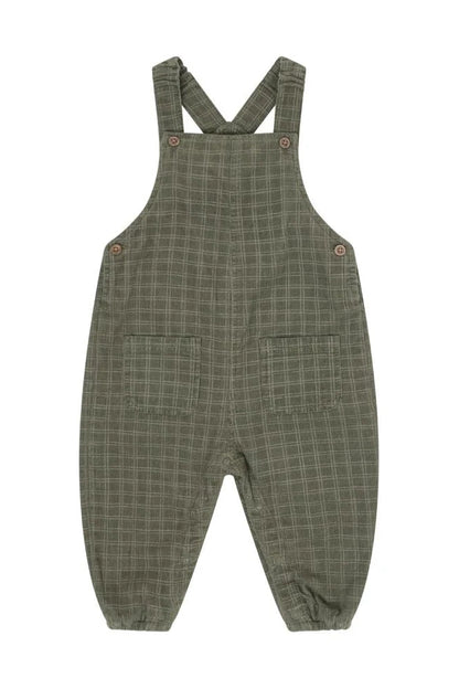 A pair of beetle green plaid corduroy baby overalls with adjustable shoulder straps, button details, and front patch pockets, shown flat on a white background.
