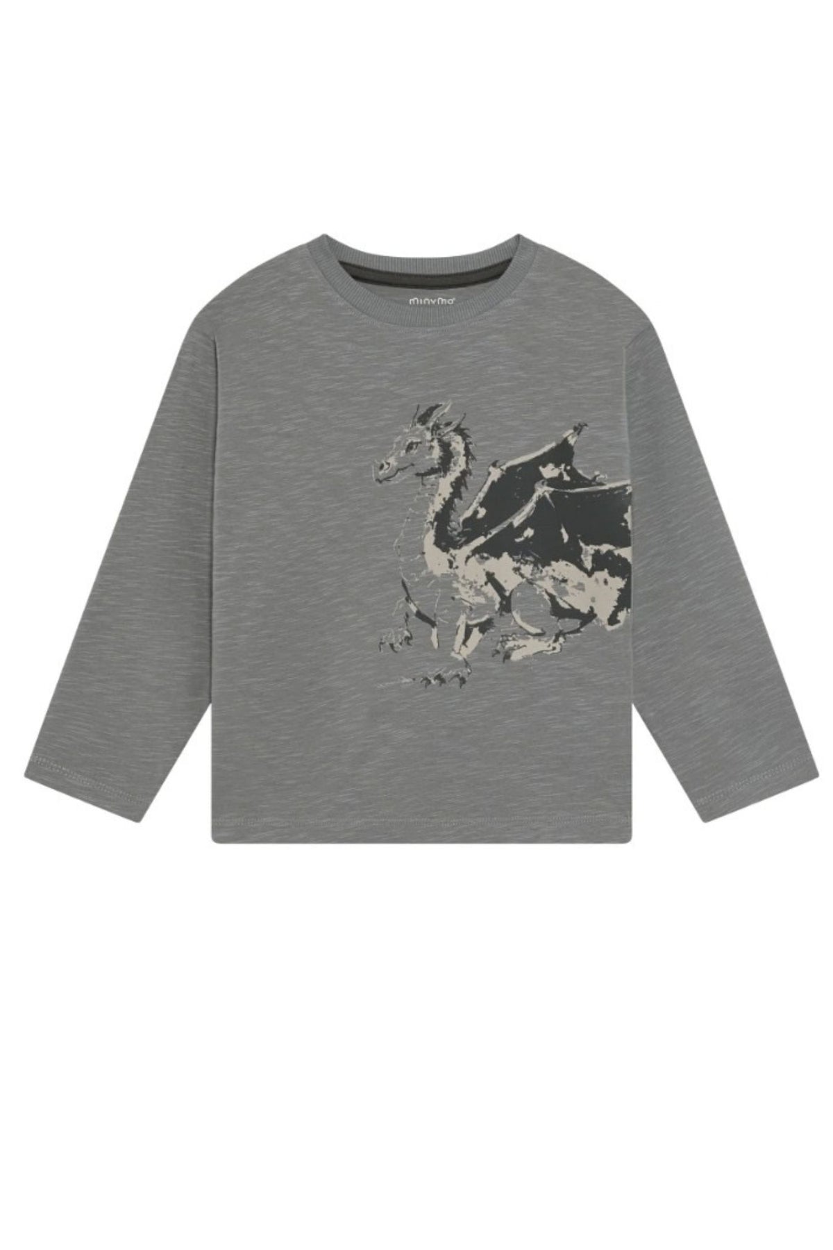 A kids' long-sleeve crewneck shirt in heather gray, featuring a black and white graphic print of a dragon on the front.