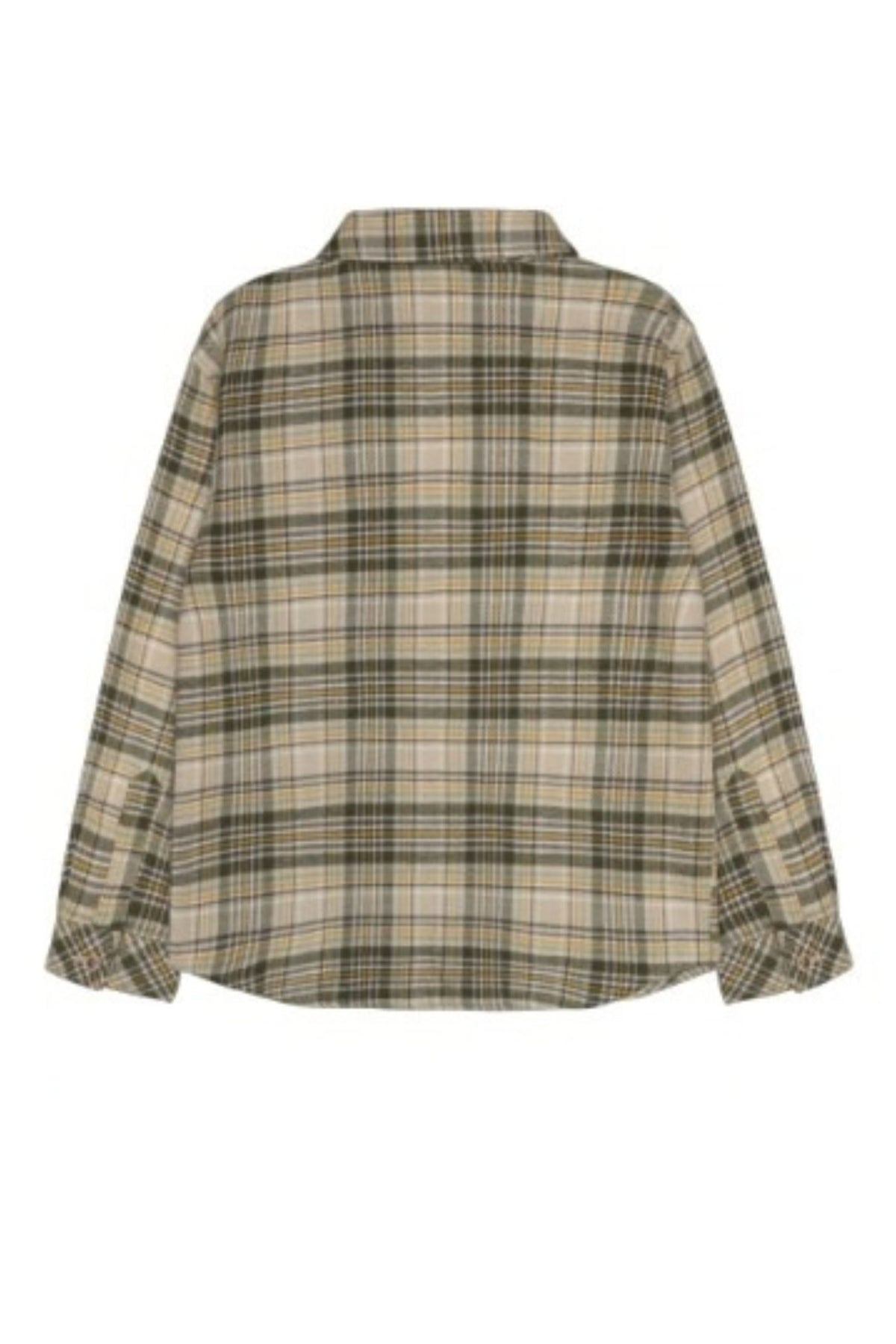 A long-sleeve plaid button-up shirt in feather gray tones, shown from the back against a plain white background.