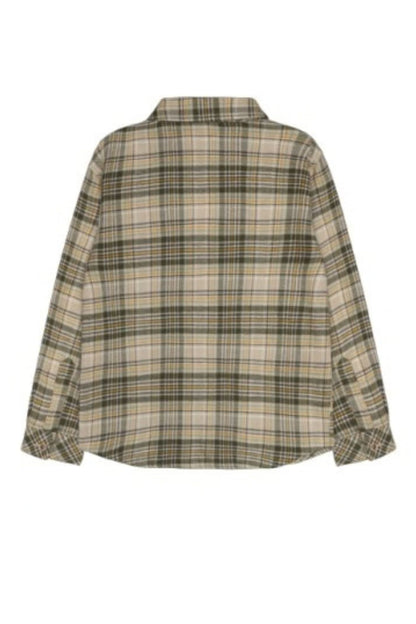 A long-sleeve plaid button-up shirt in feather gray tones, shown from the back against a plain white background.
