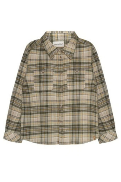A long-sleeve plaid button-up shirt in feather gray tones, displayed flat against a plain white background.