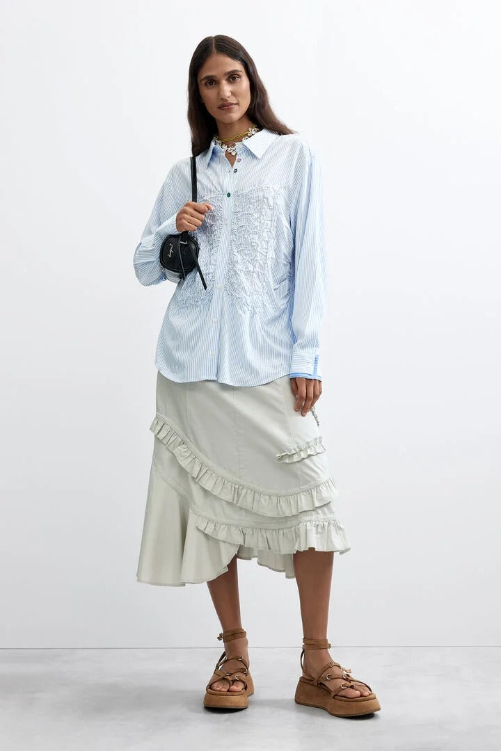 Woman wearing Stick Blue Long Striped Shirt 