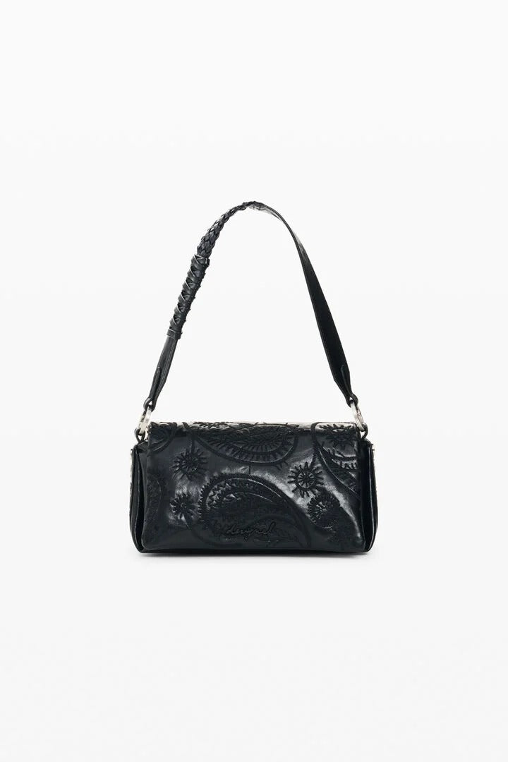 A black leather shoulder bag with an embossed paisley pattern and a braided shoulder strap, shown against a plain white background.