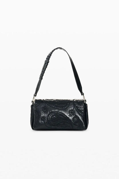 A black leather shoulder bag with an embossed paisley pattern and a braided shoulder strap, shown against a plain white background.