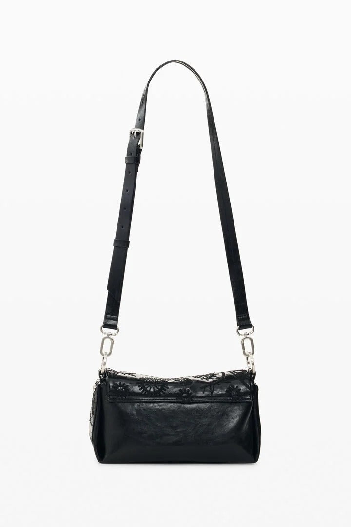 A black leather shoulder bag with a textured, glossy finish and a matching black strap, shown against a plain white background.
