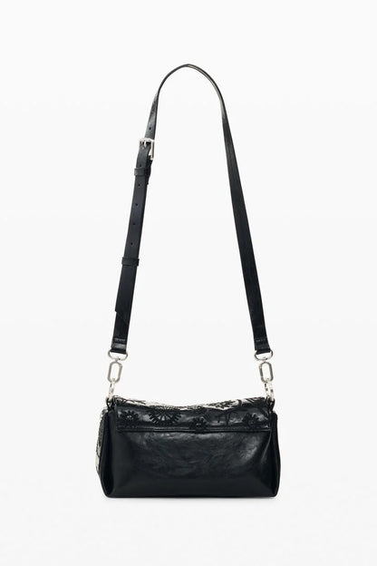 A black leather shoulder bag with a textured, glossy finish and a matching black strap, shown against a plain white background.