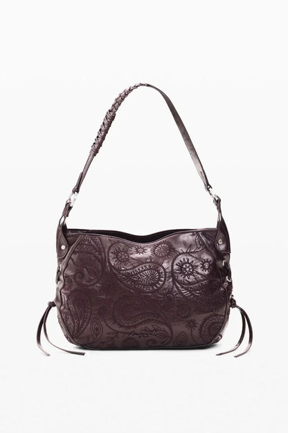 A bordeaux leather shoulder bag with an embossed paisley pattern, featuring a braided shoulder strap and silver-tone hardware, shown against a plain white background.
