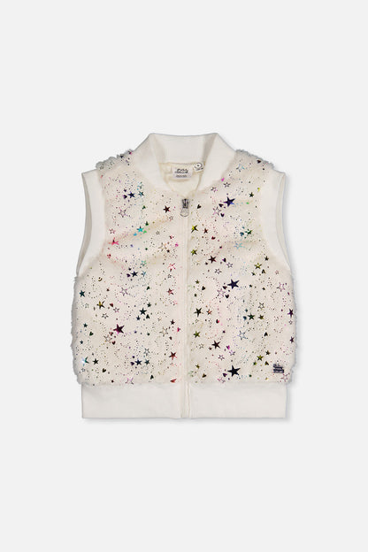 White faux fur vest with star patterns on a white background