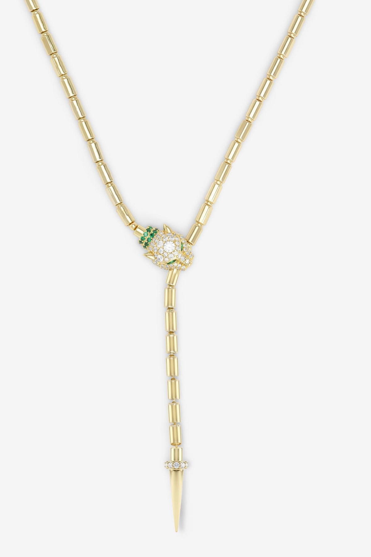 Jaguar Bolo Lariat Gold necklace with a pendant featuring green and clear gemstones on a white background