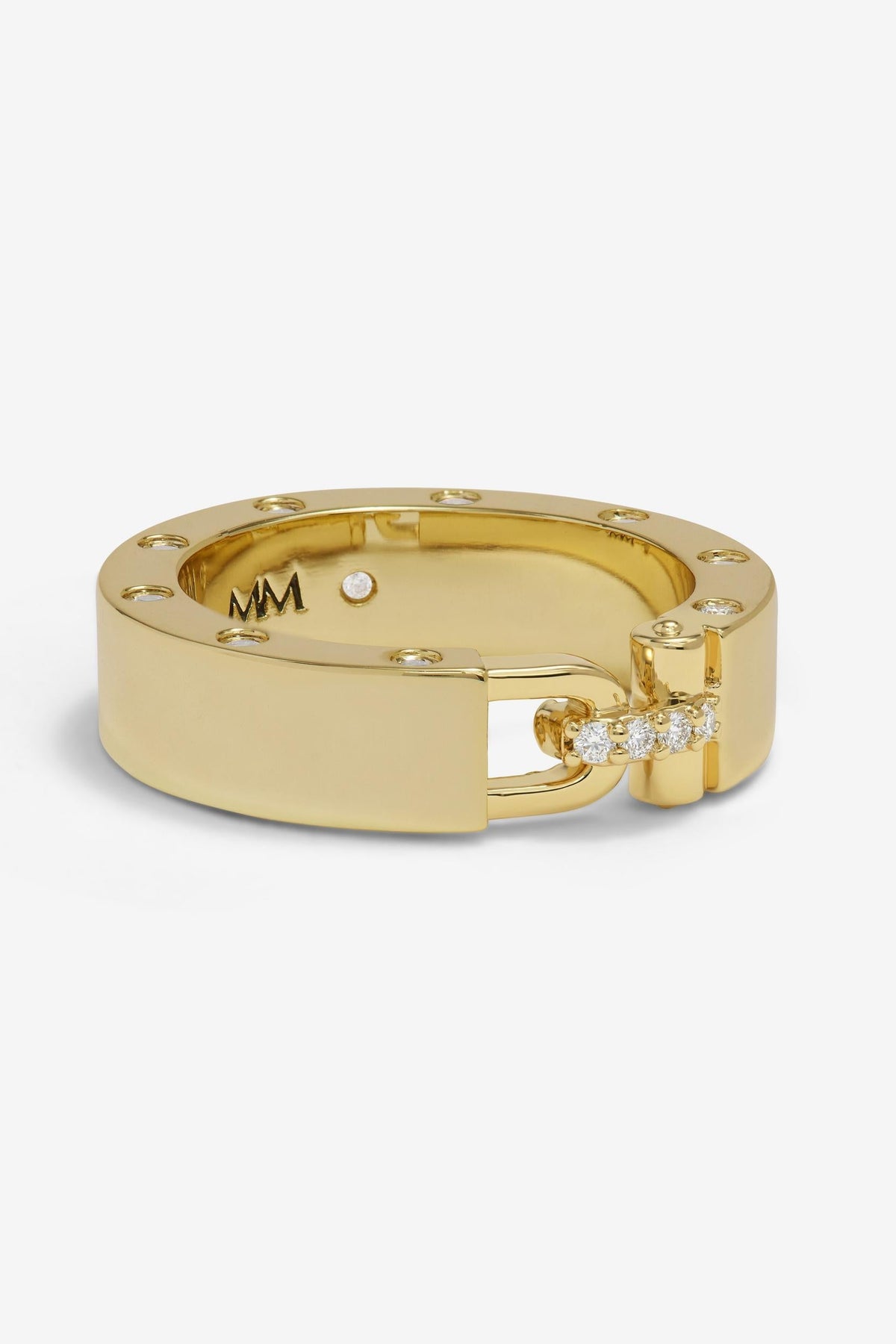 Ashley smooth lock gold ring with diamond accents on a white background