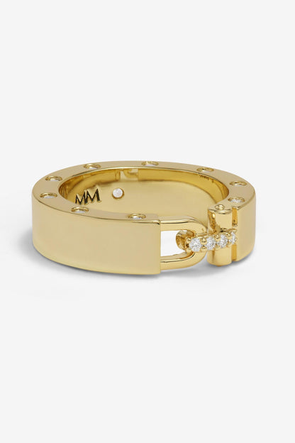 Ashley smooth lock gold ring with diamond accents on a white background