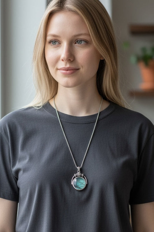 Woman wearing a large vintage sol spin necklace with a pendant indoors