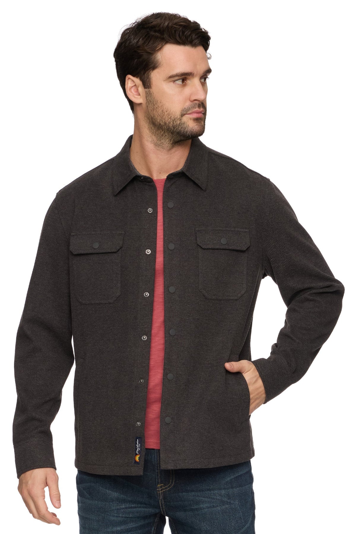 Man wearing Charcoal Hamlin Twill Shirt Jacket 