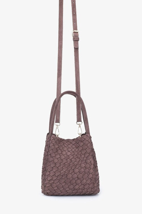 Hollace Mini tote faux suede woven in chocolate shown with long strap
