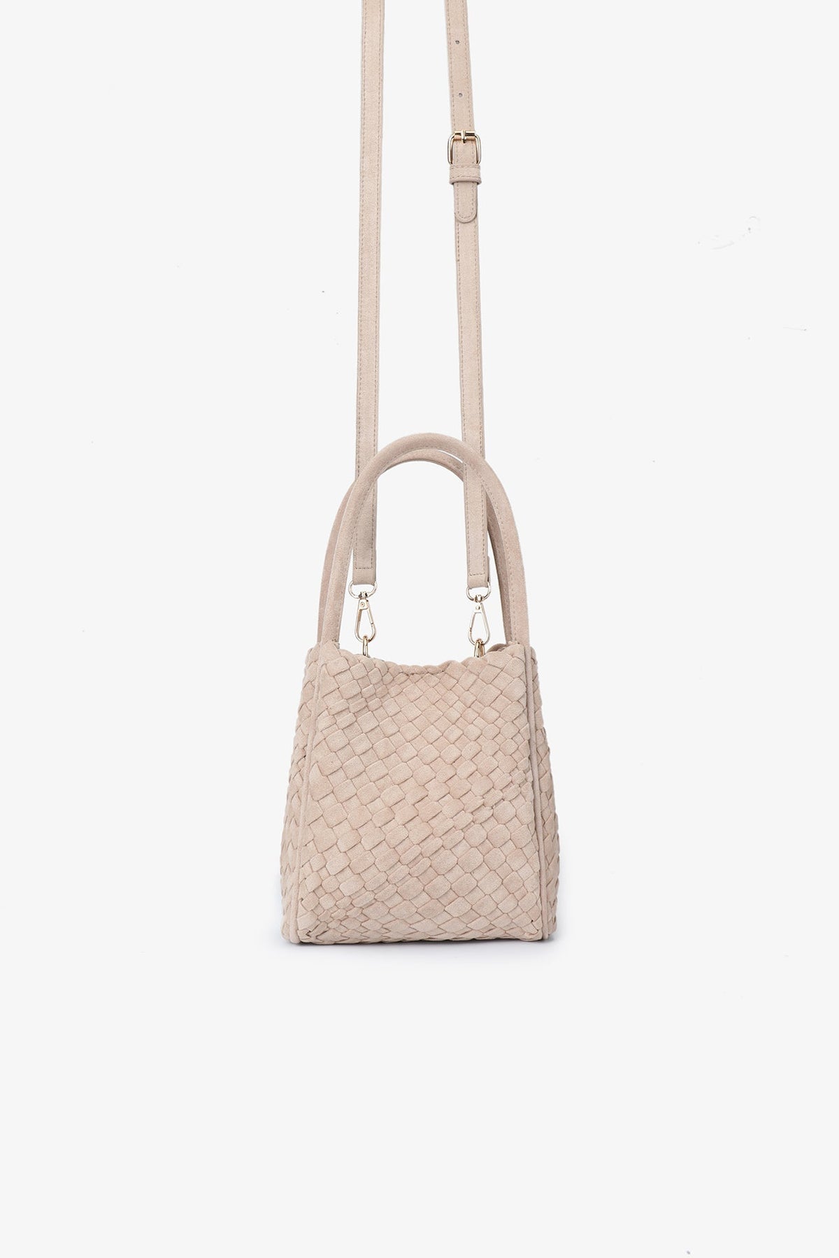 Hollace mini tote faux suede woven in Foundation color variant shown with a long strap