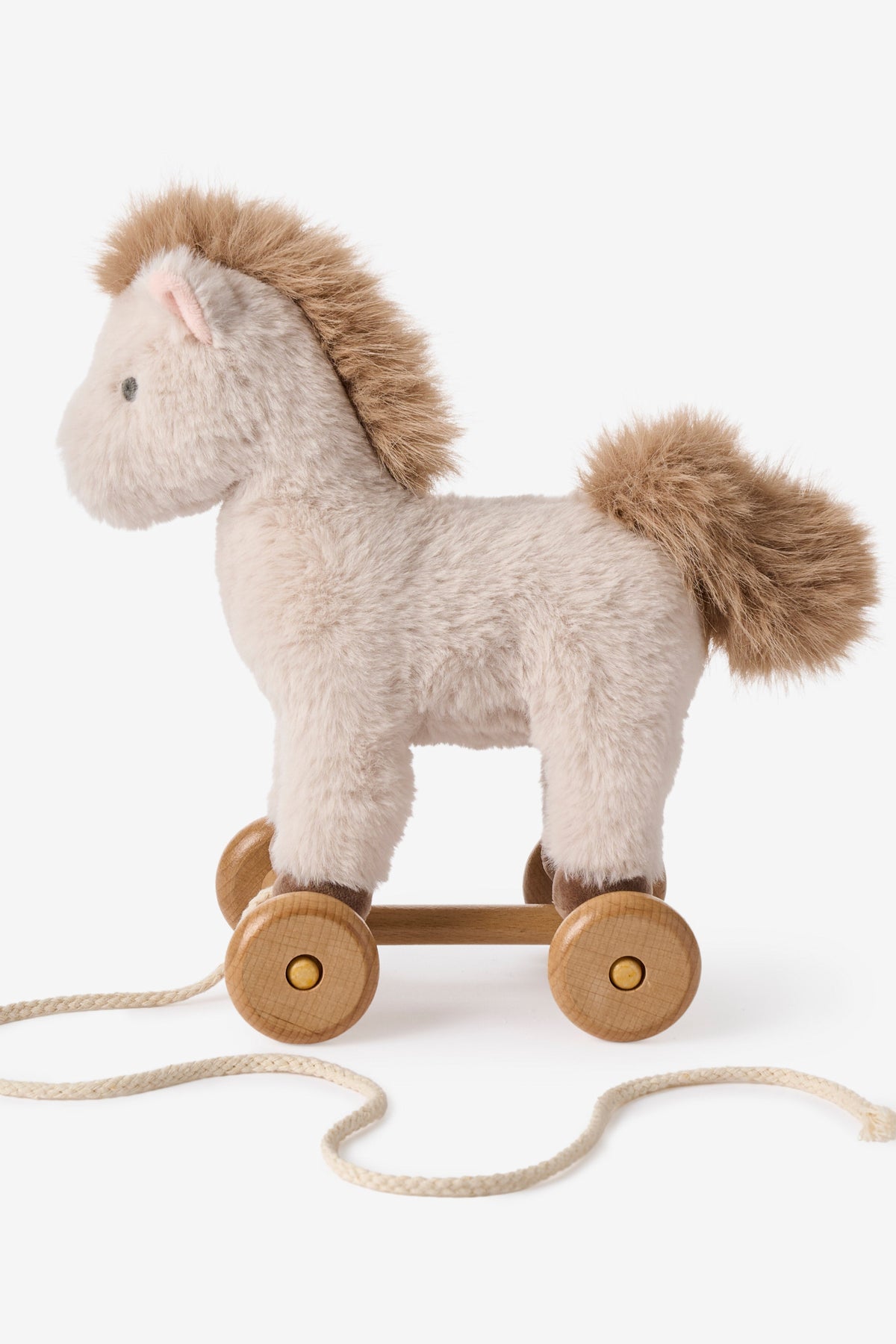 Taupe plush pony pull toy with wooden wheels 