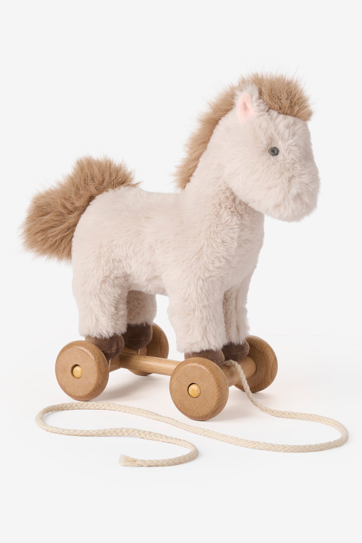 Taupe plush pull pony toy with wooden wheels 