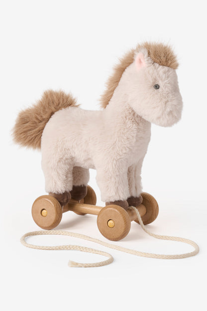 Taupe plush pull pony toy with wooden wheels 