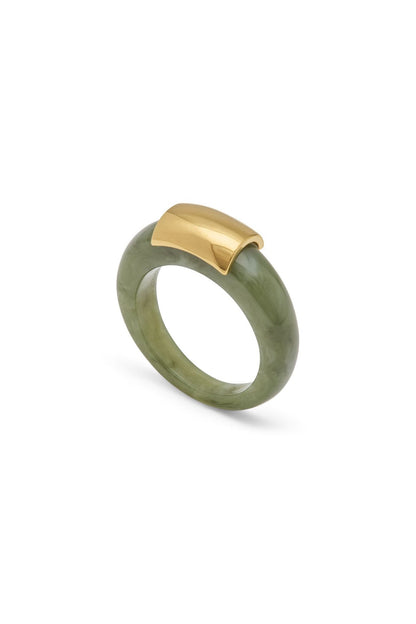 A green jade stone ring with a polished gold metal top, shown on a clean white background.