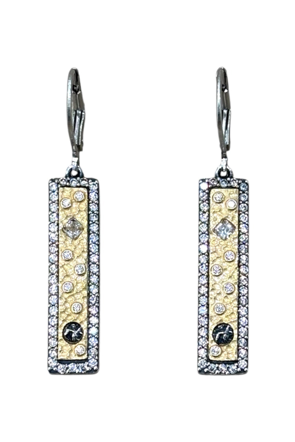 Pair of silver & gold rectangle pendant diamond earrings on a white background