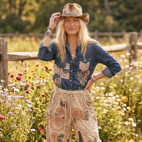 A woman stands in a sunlit flower field wearing a bohemian-style outfit: a brown hat, a dark blue denim shirt with floral lace patches, and beige drawstring pants with sunflower prints.