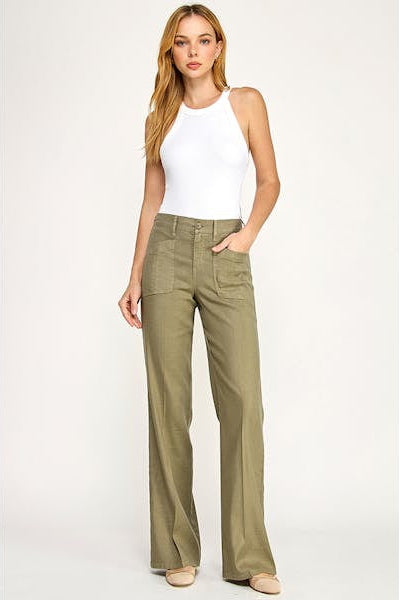 Olive green wide-leg pants with button fly, belt loops, and front pockets