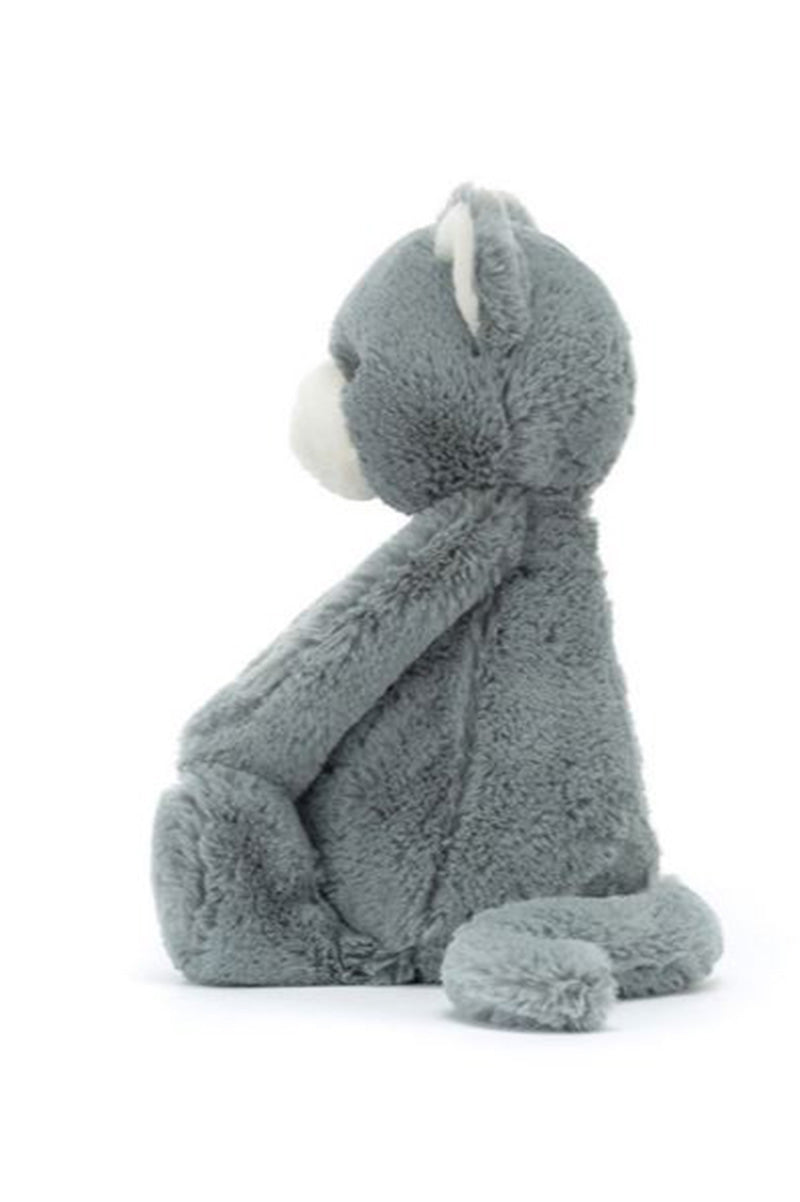 Grey medium stuffed kitten, side pose with tail curled and back arched
