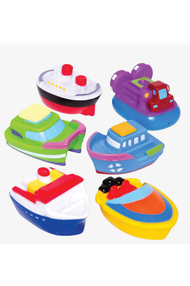 Baby bath squirt toy set with boats and sea vehicles: purple, green, blue, red, yellow