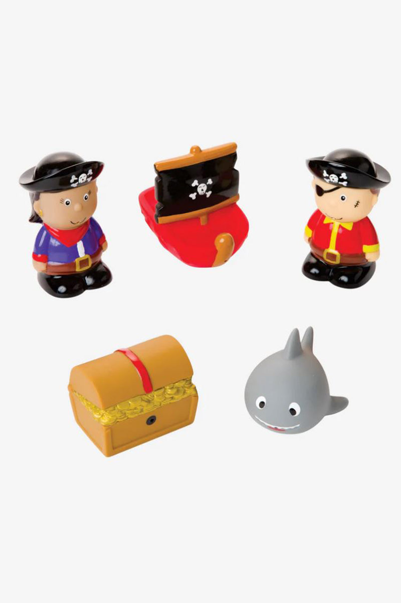Baby bath squirt toy set with pirate figures, shark, and gold treasure chest