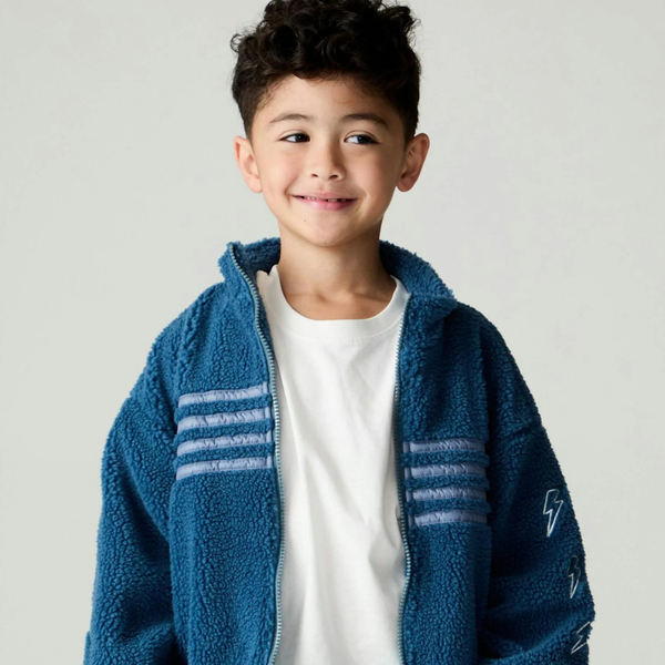A young boy smiling while wearing a blue fleece zip-up hoodie with white stripes on the sleeves over a white t-shirt, photographed against a light gray studio background.