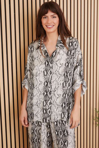 SNAKE SILKY LONG SLEEVE BUTTON DOWN TOP