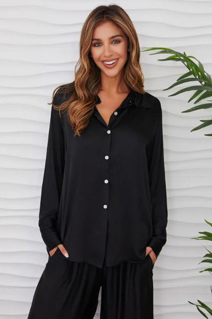 SILKY BUTTON DOWN LONG SLEEVE TOP