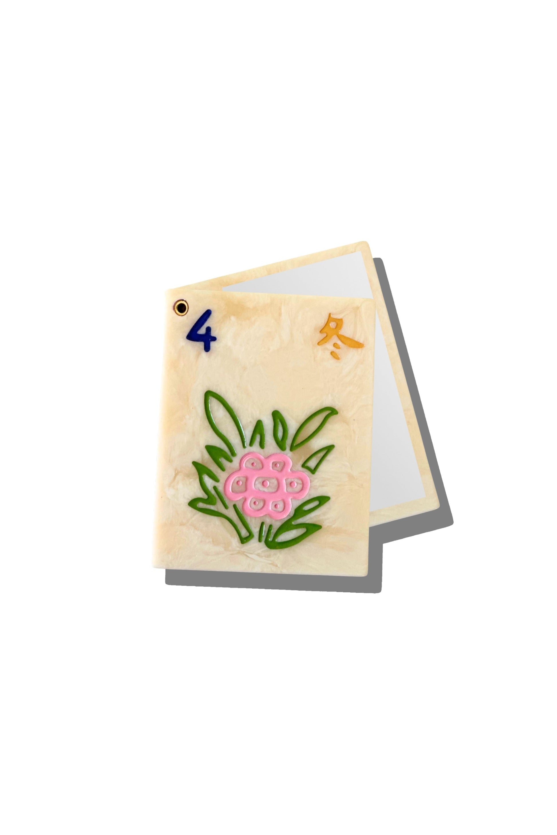 Hand-painted compact mirror with cream cover, green flower and number 4