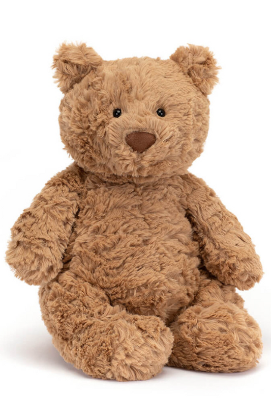 Brown teddy bear plush toy with seated pose, stitched eyes and snout