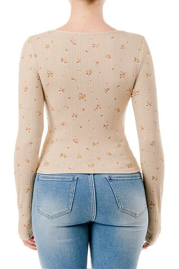 FLORAL LONG SLEEVE LACE TOP IN BEIGE BACK VIEW