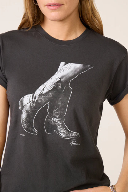 OUTLAW MUSHIE TEE IN WORN BLACK FRONT VIEW