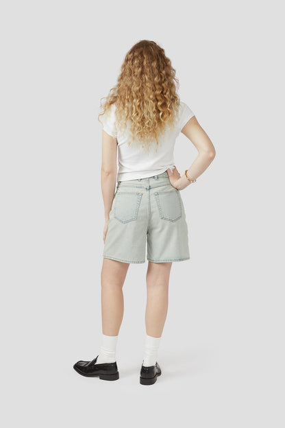 Light-wash denim shorts, back view, with belt loops and patch back pockets