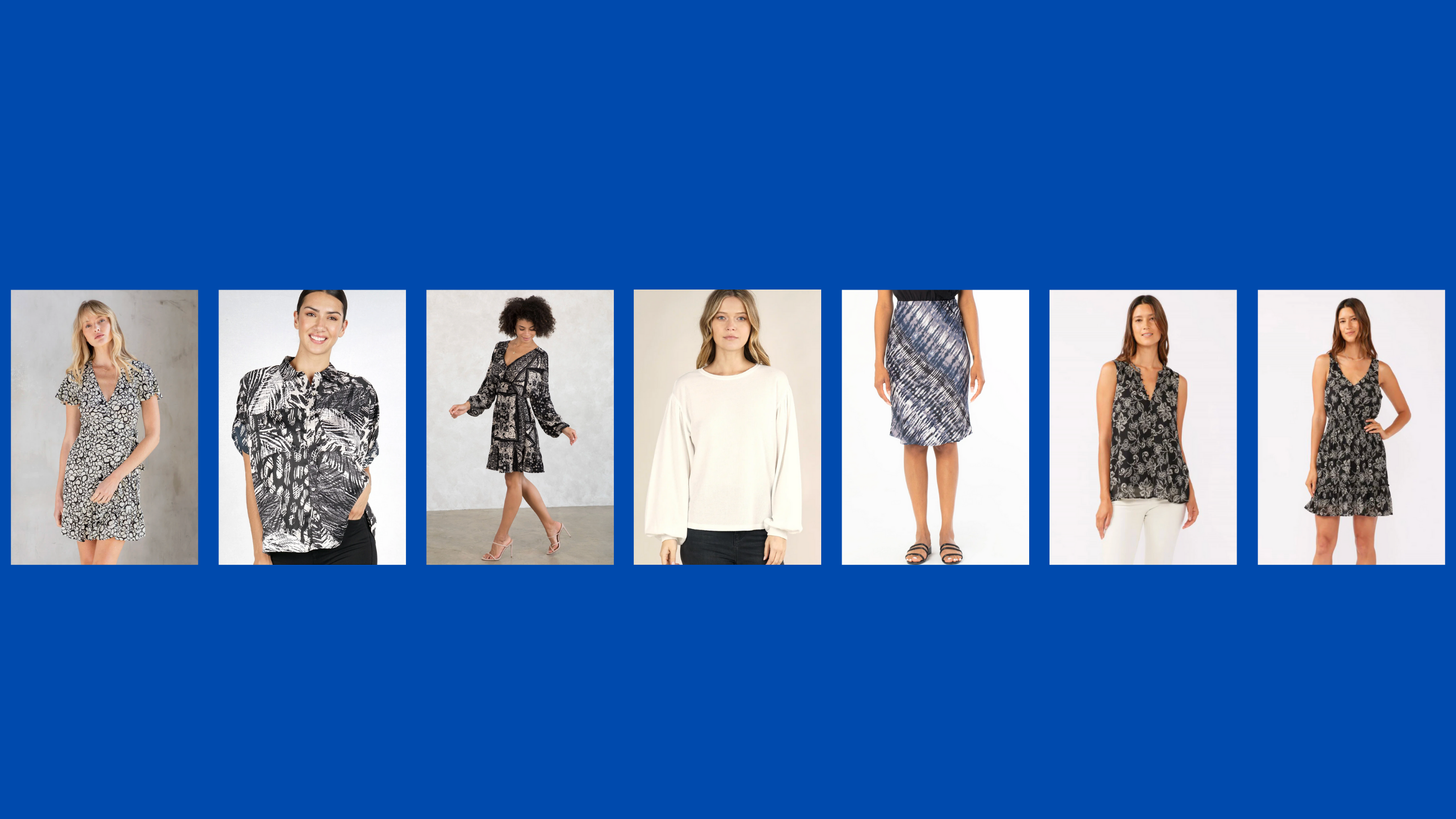A banner of clothing items including (L to R): Dress, top, dress, sweater, skirt, top, dress on a blue background