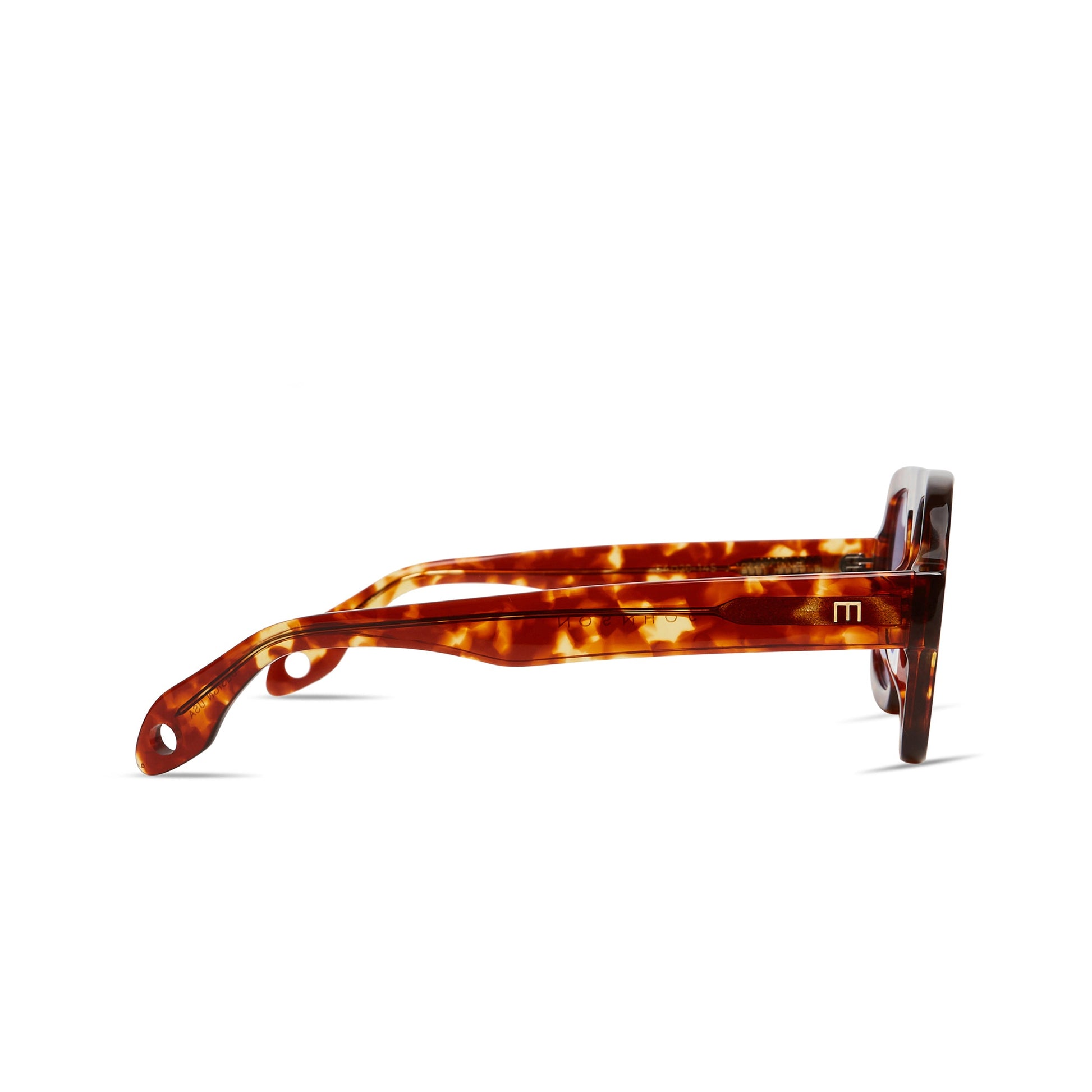 Side view of tortoise-pattern rectangular sunglasses with hinged temples and light lenses