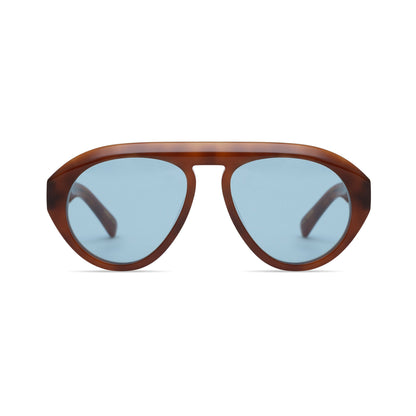 VAL sunglasses with brown tortoise frame and blue tinted lenses